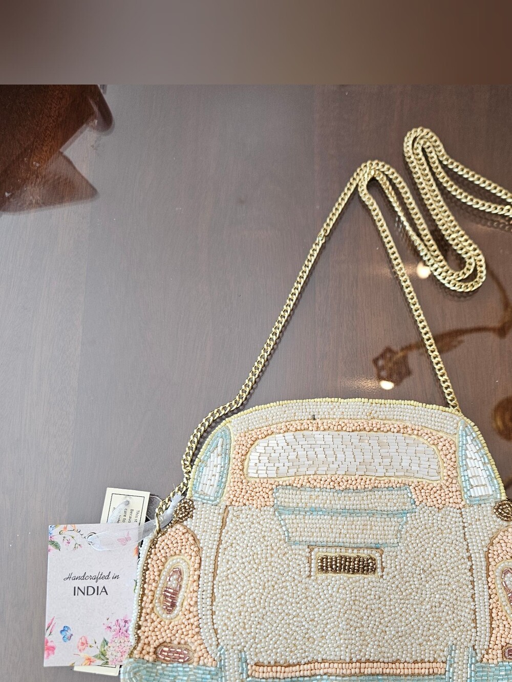Handcrafted Cream & Blue Beaded Just Married Car Crossbody Bag - Picture 5 of 6